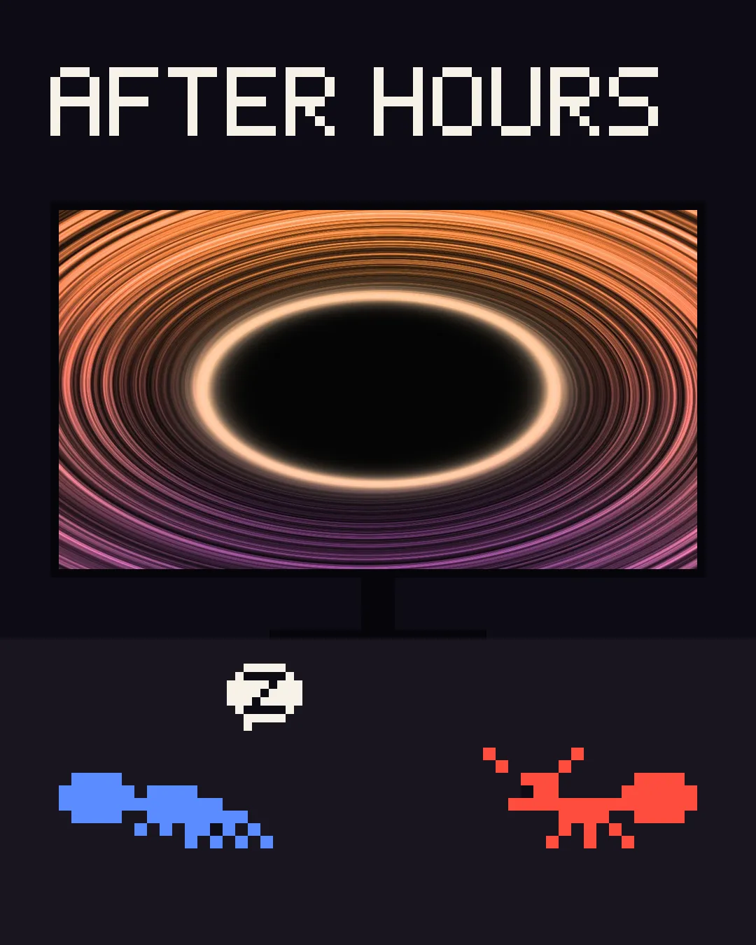 After hours: a dark ring scene on the TV while one ant sleeps and one keeps dancing
