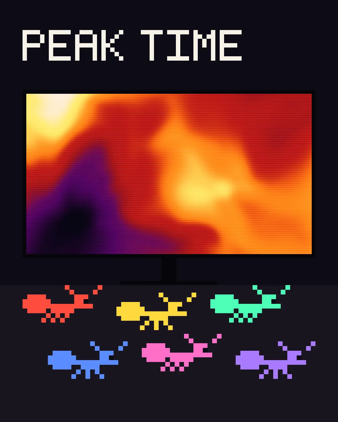 Peak time: a hot orange scene on the TV while all six ants jump