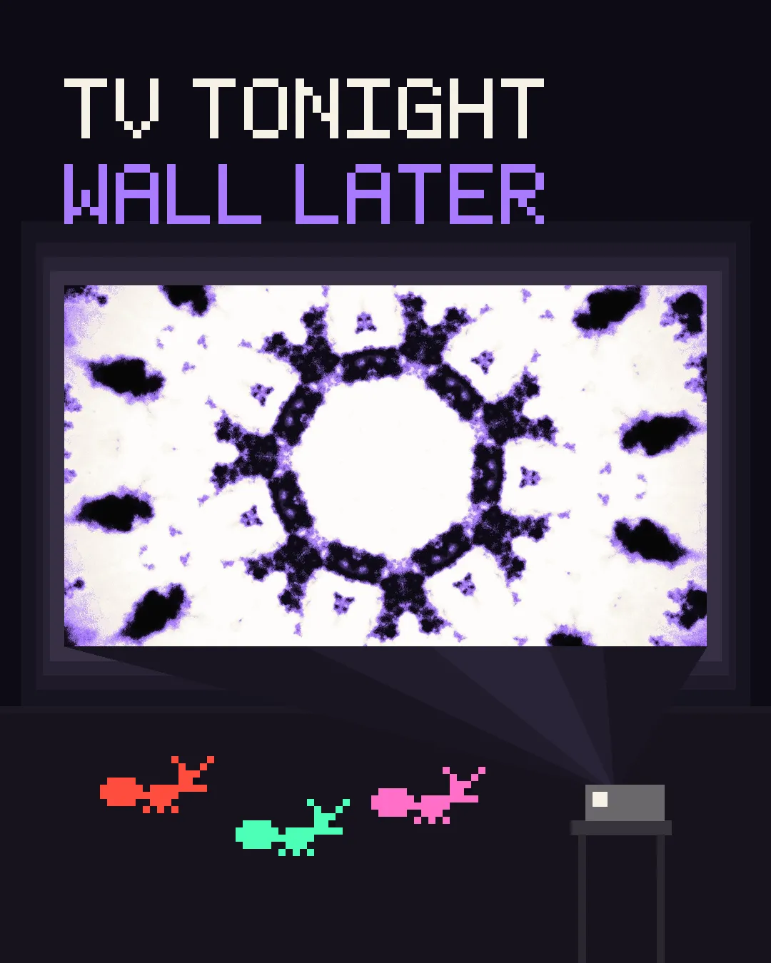 A projector throwing a white-and-violet scene onto a wall while three ants dance