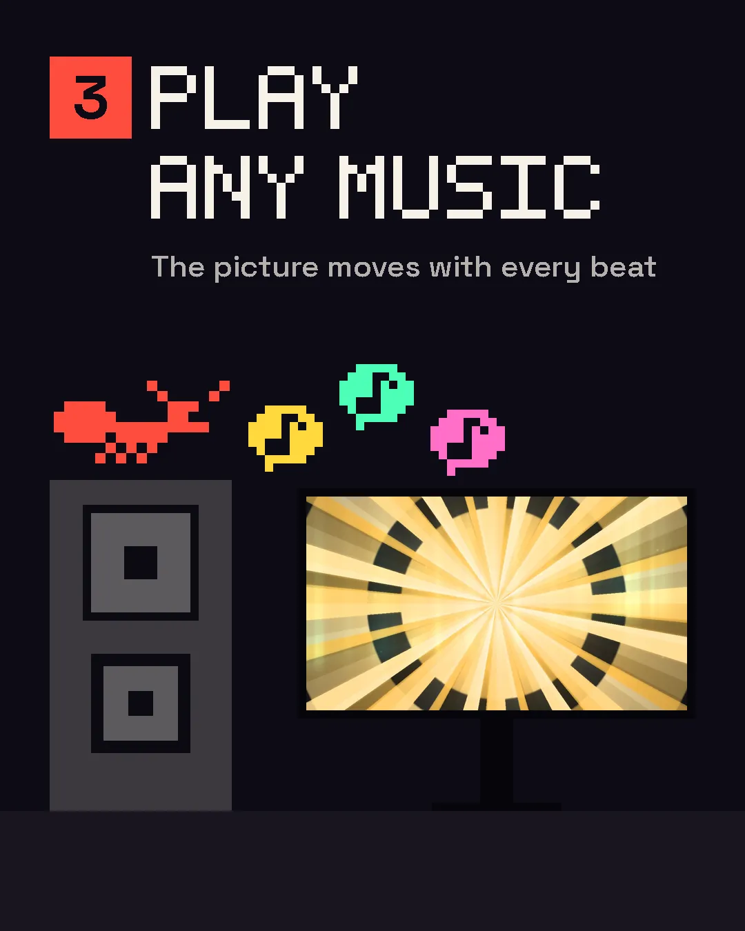 Play any music: a speaker beside a TV, the picture moving with every beat